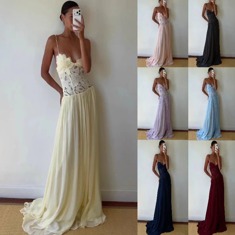 Casual vacation-style embroidered water-soluble lace openwork patchwork chiffon halter dress