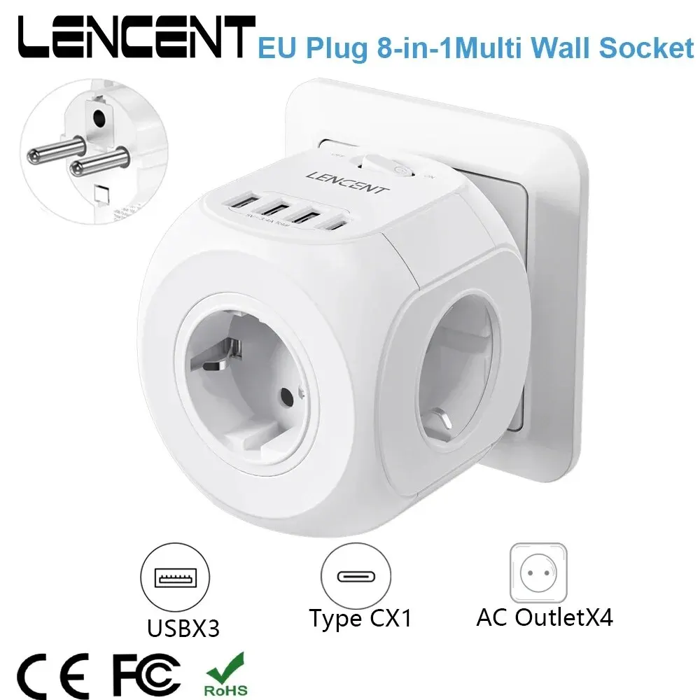 Extensor de enchufe de pared LENCENT EU con 4 salidas de CA + 3 USB + 1 adaptador de cargador tipo C 5V/3A interruptor de encendido/apagado de enchufe 8 en 1