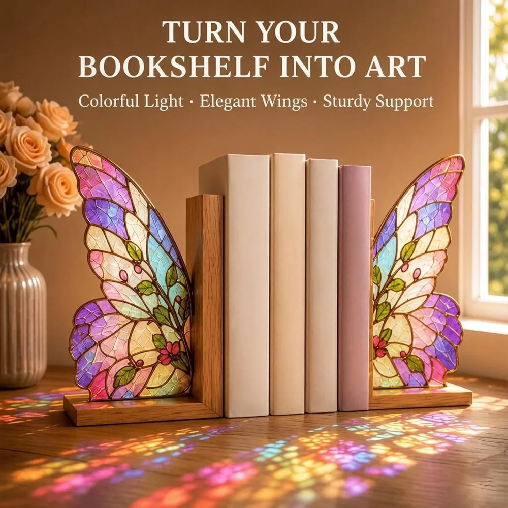 Floral Butterfly Stained Bookshelf, Support Bookend Set with Wooden Bases and Floral Acrylic Panels Book Holder for Reader Gifts