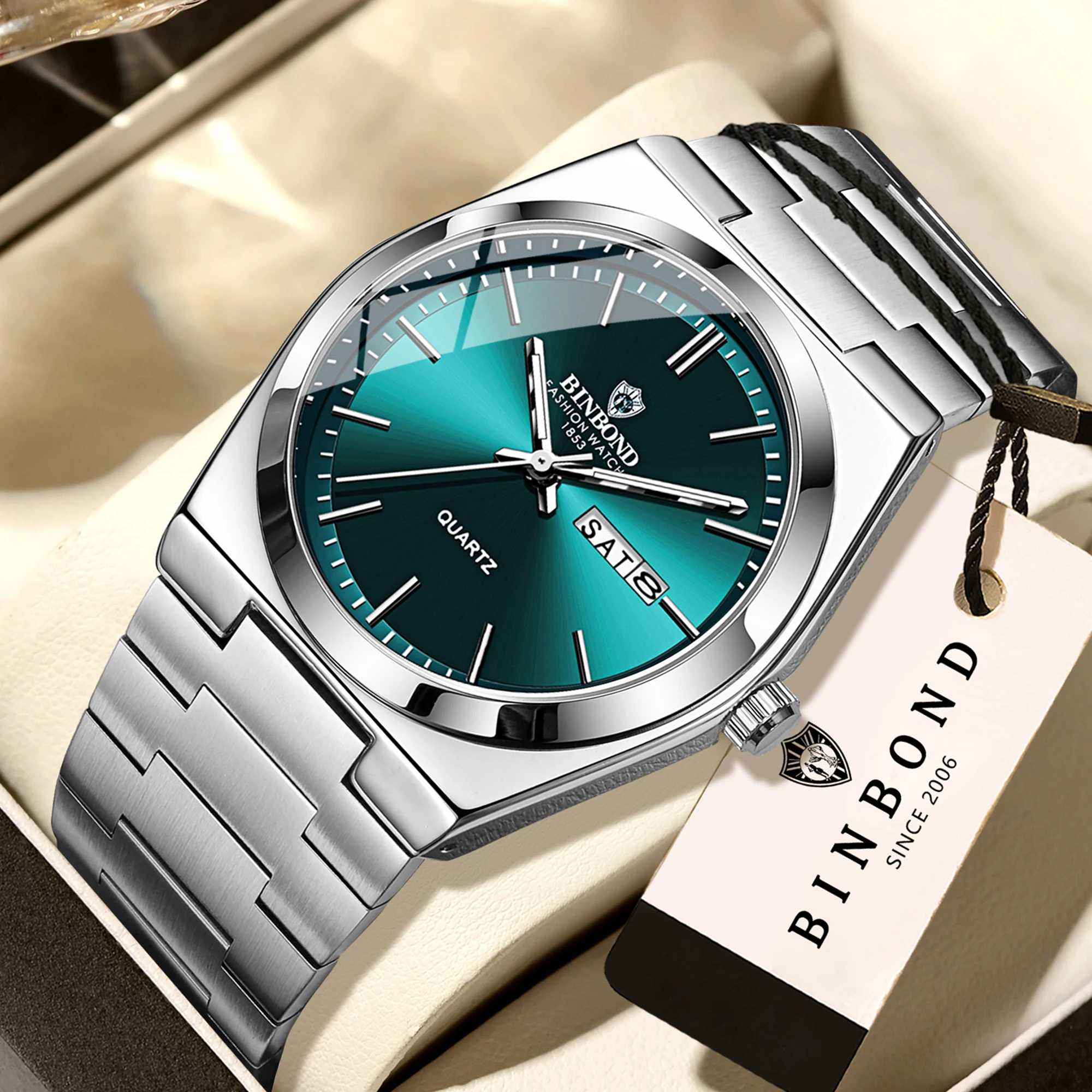 BINBOND Luxury Quartz Wristwatches Luminous Waterproof Week Auto Date Men's Watch Steel Belt Business Sport Fashion Casual Reloj