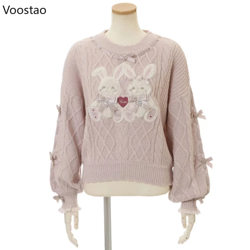 Vintage Sweet Lolita Style Knitted Pullover Girls Cute Plush Cartoon Bunny Embroidery Bow Sweater Women Harajuku Knitwear Tops