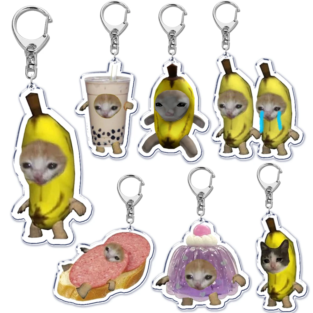 Fun Crying Banana Cat Meme Keychain Funny Fruit Happy Cats Pendant Keyring Keyfob for Women Man Jewelry Accessories Gifts