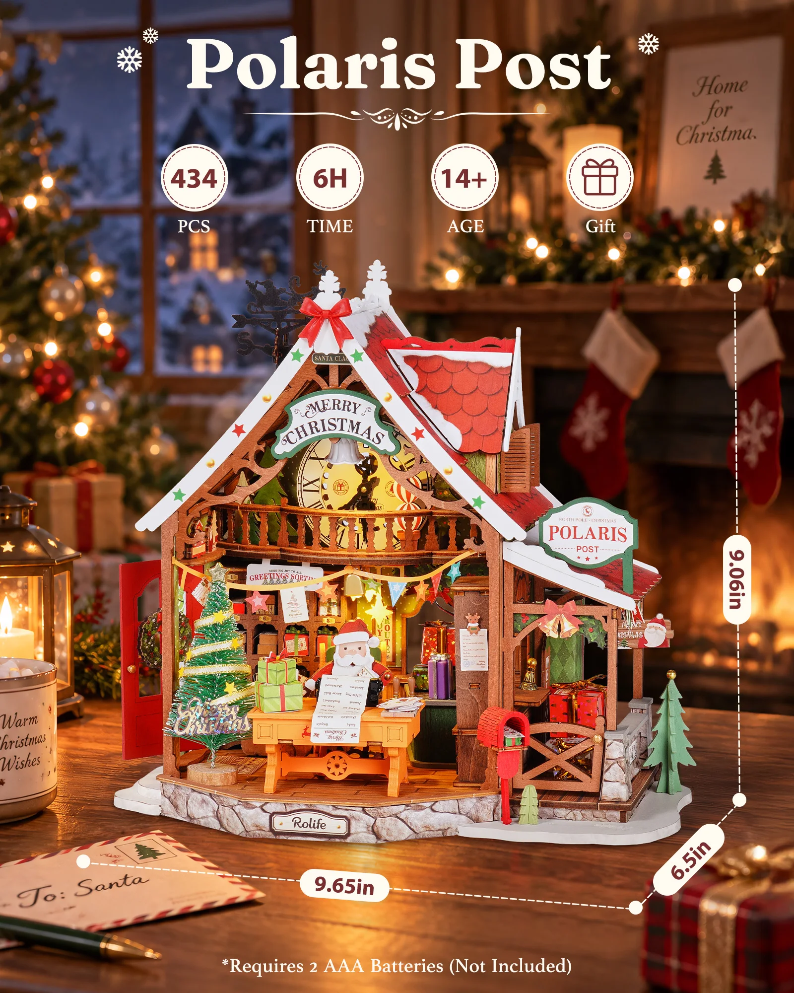 Rolife Polaris Post DIY Miniature House Kit Glowing North Pole Post Office Christmas Decor with 434 Pieces and Movable Details