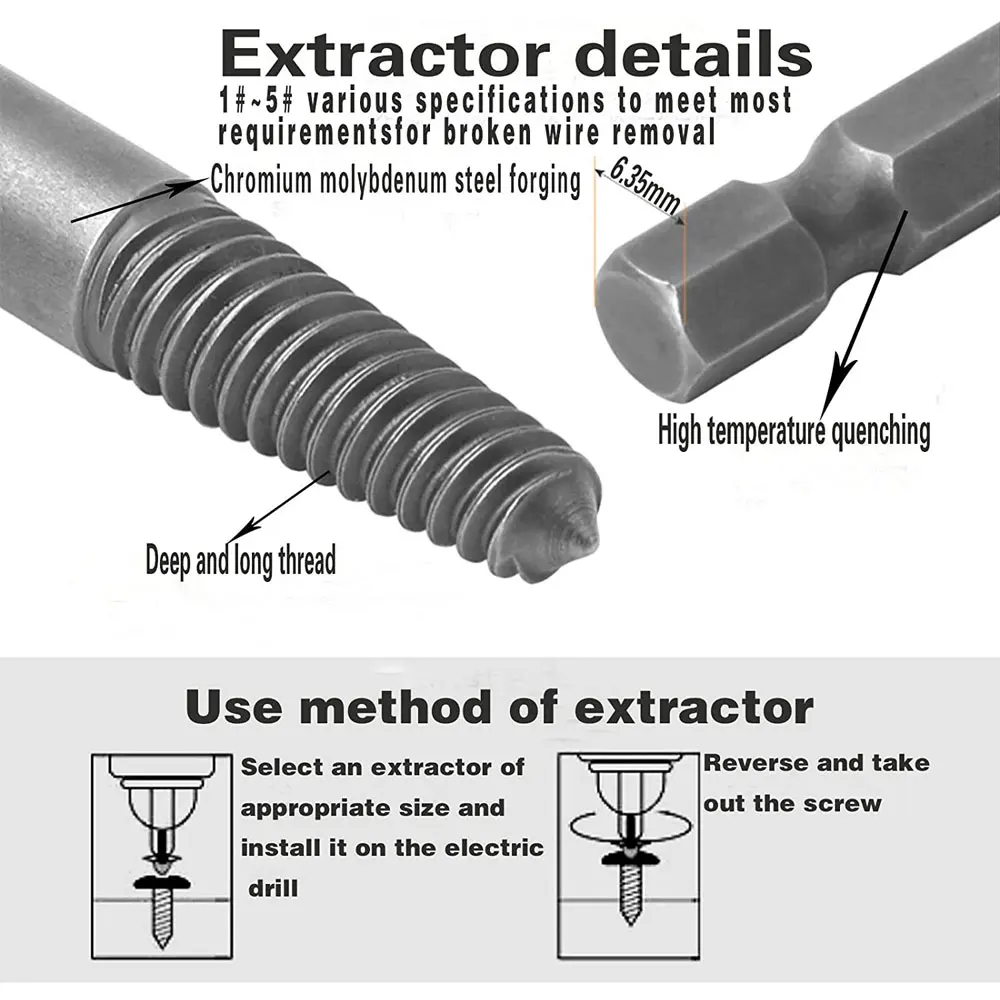 Binoax 5pcs Hexagonal Handle Broken Head Screw Extractor 60mm Quick Release Electric Broken Thread Removal Tool Set
