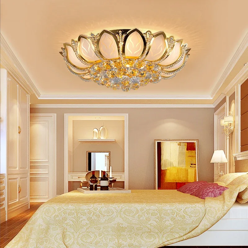 European Simple Buddhist Temple Lotus Crystal LED Ceiling Lamp Living Room Golden Color Round Light Bedroom Light Warm Room Lamp