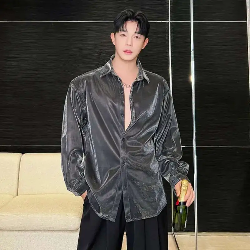 IEFB Korean New Chic Men Casual Shirt Trendy Liquid Metal Variable 