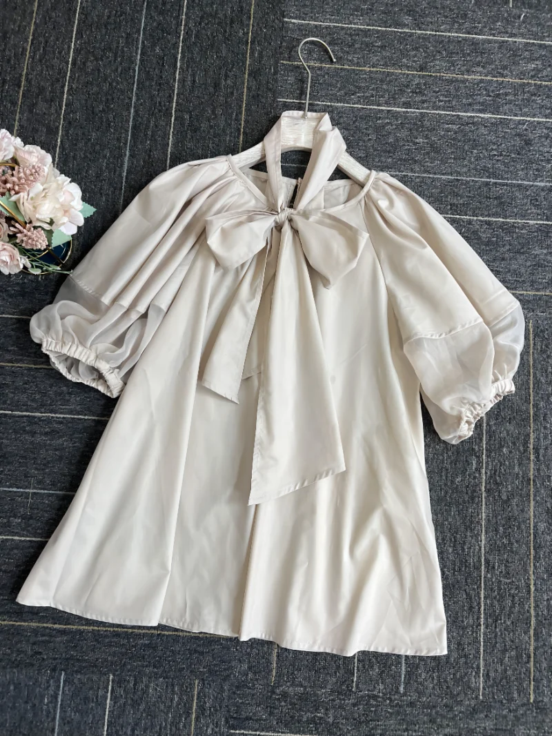 

WAKUTA Organza Commuter Lace Up Blusas Mujer Japanese Spliced Bow Neck Lady Blouses 2024 Summer New Bubble Sleeve Loose Shirts