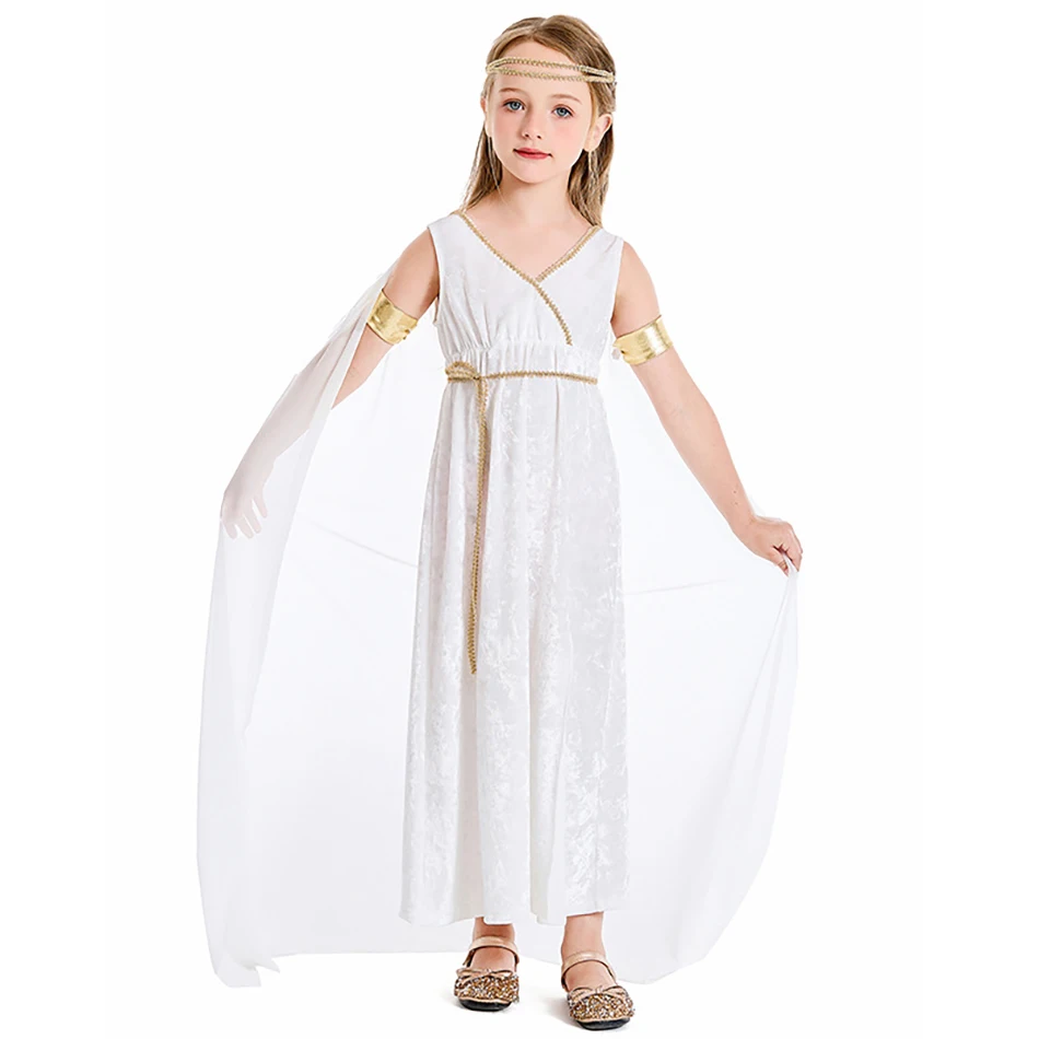 Glamorous Greek Mythology Style Girls White Cloak Long Dress 4 Piece Halloween Holy Goddess Costume Sets with Luxurious Design