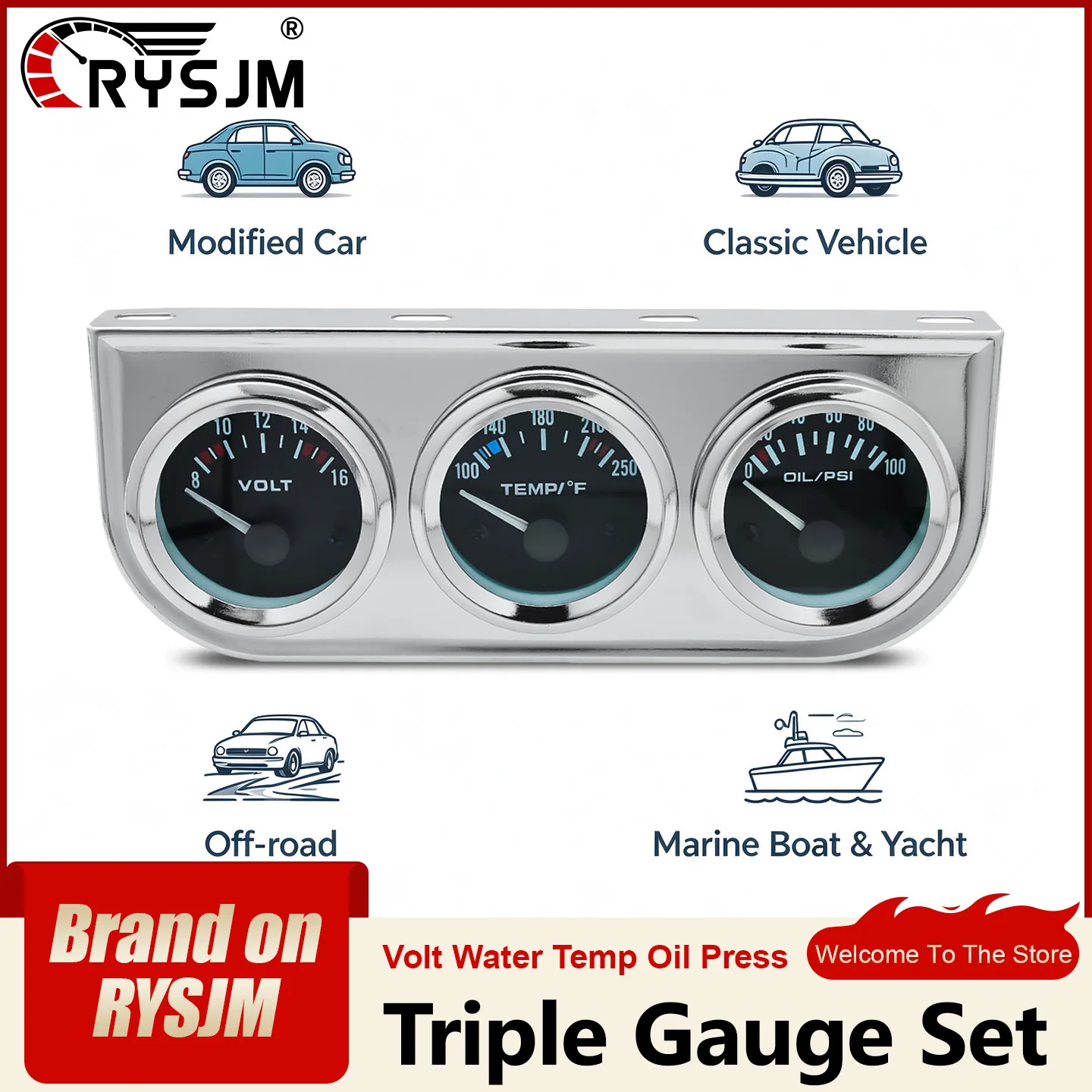 3 In 1 Triple Gauge Set 52mm Chrome Panel Voltmeter Water Temp Gauge Oil Pressure Dashboard Gauge Kit 12V for Car Marine Boat