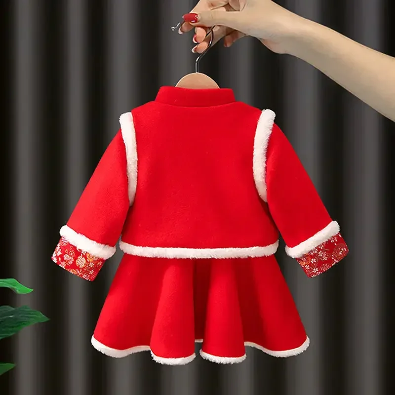 2024 New Winter Big Red Girl Suit Dress + giacca a maniche lunghe ricamate in stile cinese per bambini capodanno addensare Tang Suit