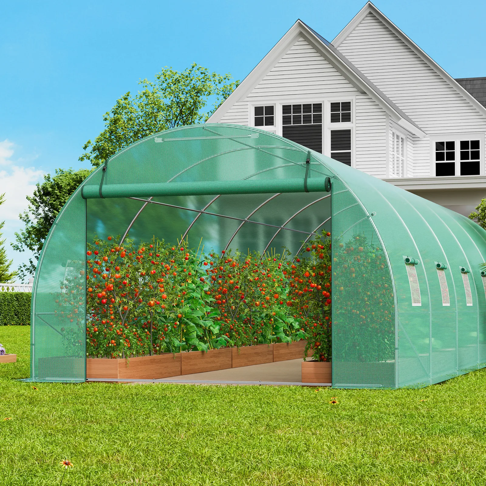 

Walk-in Tunnel Greenhouse 29.2x9.7x6.5ft Galvanized Frame PE Cover Green