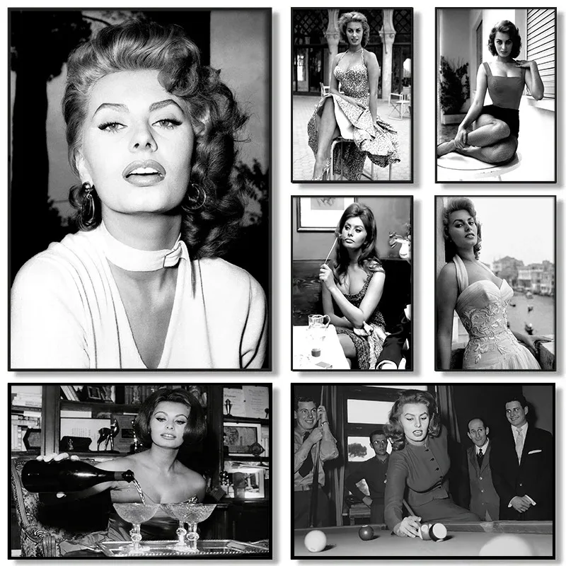 Moderne Hit Schauspielerin Sophia Loren Schwarz-Weiß-Vintage-Fotografie Poster Leinwand Gemälde Wand kunst Bilder Wohnkultur