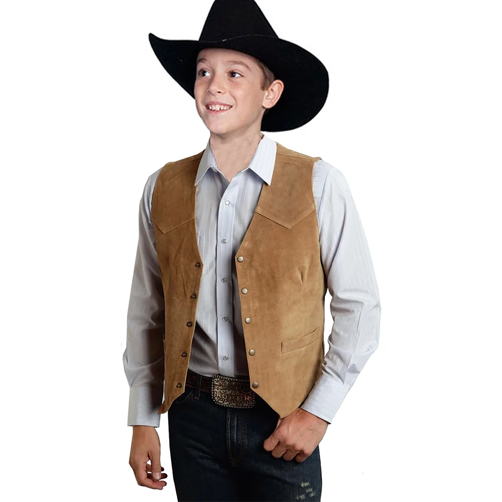 Children's Vest Suede Leather West Cowboy Collarless Waistcoat Boys Sleeveless Jacket Steampunk Retro Kids Clothing Dance Show