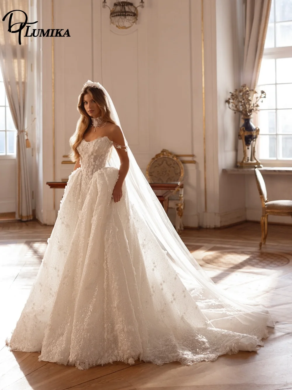 Dazzling Off The Shoulder 3D Floral Wedding Dress Sparkly Glitter A Line Bridal Gown Floor Length Customized Vestidos De Novia