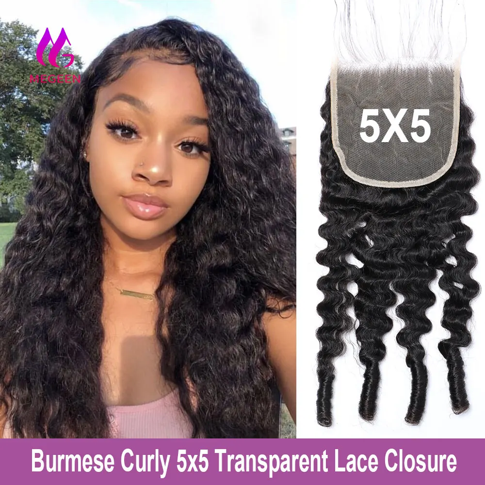 

Megeen 5x5 бесплатная часть Прозрачная Кружевная застежка бирманские вьющиеся с спиральными концами 12-20 дюймов человеческие волосы для наращивания парика
