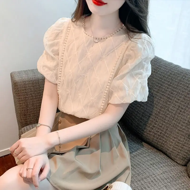 

Летняя кружевная шифоновая блузка, женский дизайн, свободный французский топ с объемными рукавами и вышивкой