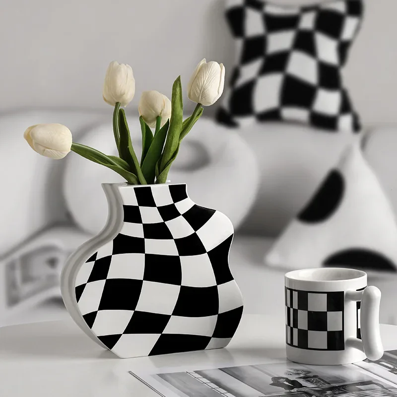 Florero de cerámica blanco y negro, decoración tablero de ajedrez, florero seco alto sentido, arreglo floral para sala