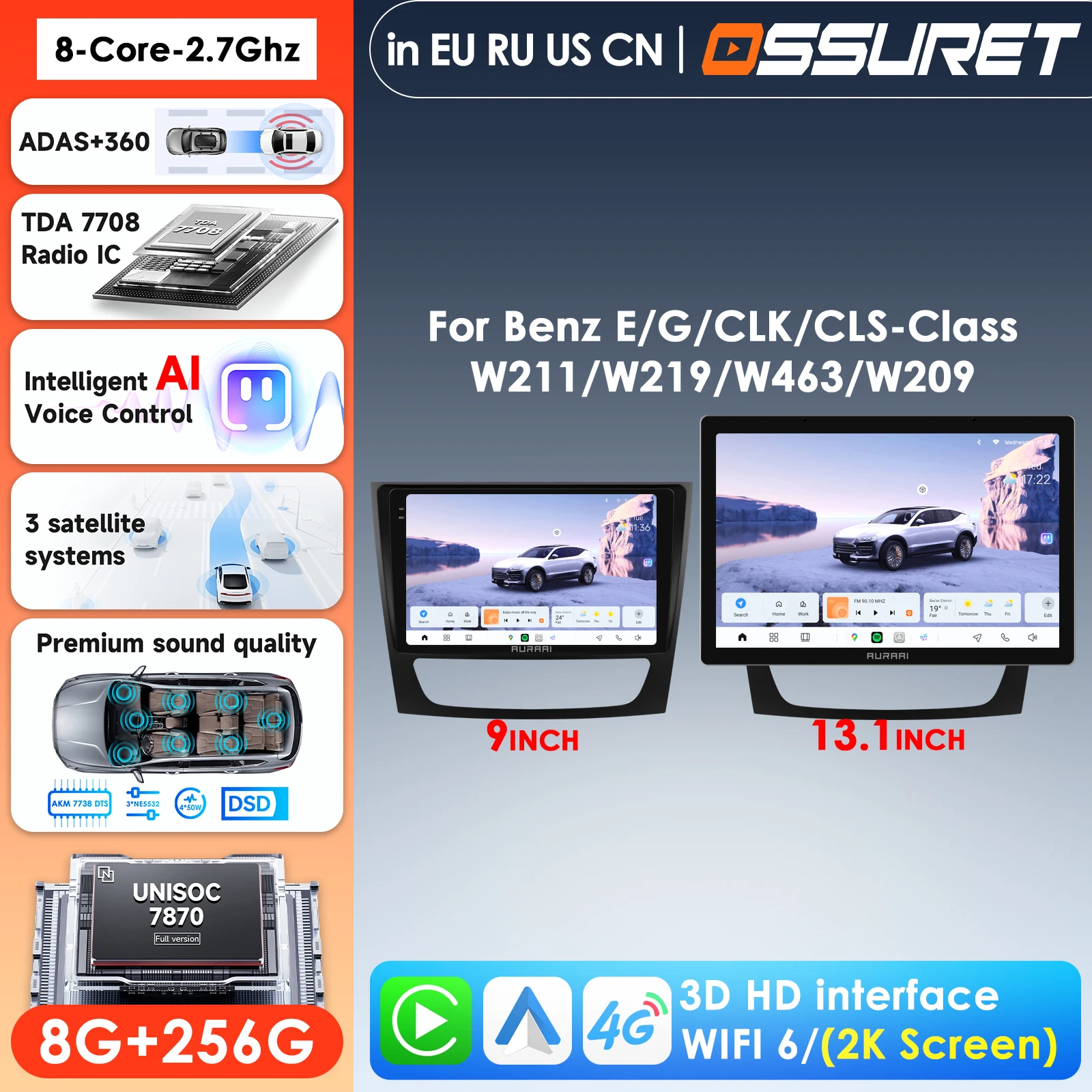 9 inch 2K Screen Carplay 4G LTE 2 Din Android Car Radio for Mercedes Benz E-Class W211 W463 2005 W219 Player GPS Stereo BT ADAS