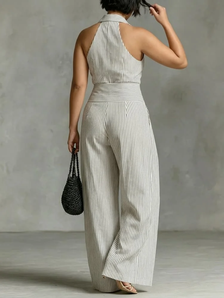 Elegant Striped Halter Wide-Leg Jumpsuit. S357fed549efd4018835fe24d74fcd274V