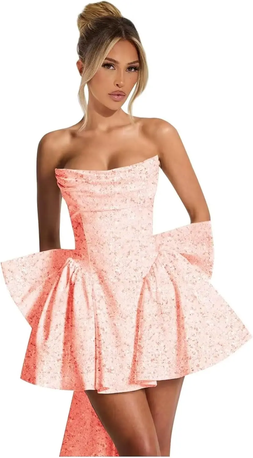 Sequin Homecoming Dresses for Teens 2026 Pockets Strapless Square Neck A-line Short Prom Dresses Graduation Dress Evening Dress