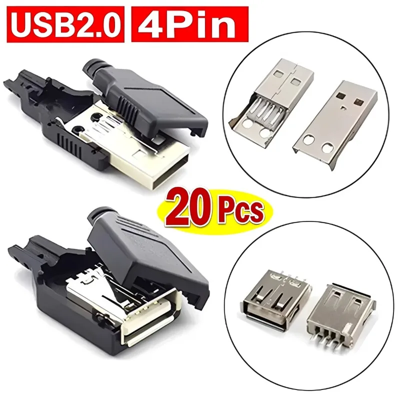 20Pcs USB 2.0 Type A 4 Pin Male Female Assembly Adapter Connector Soldering Type 5V USB-A Plug Socket Charging Data DIY Repair