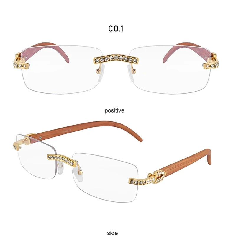 Kenbo Vintage randlose Rechteck Sonnenbrille für Frauen Männer Luxus Brille Mode Kristall Holz Brillen Sonnenbrillen uv400 – Detail 9