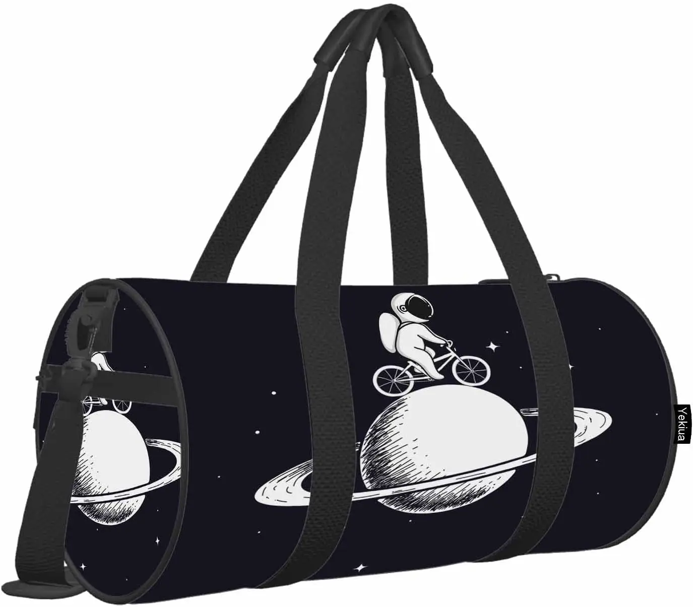 Space Astronaut Gym Bag Space Cute Cartoon Man Riding Bicycle Saturn Planet Duffle Bag Sports Bag for Women Man Weekender Bag