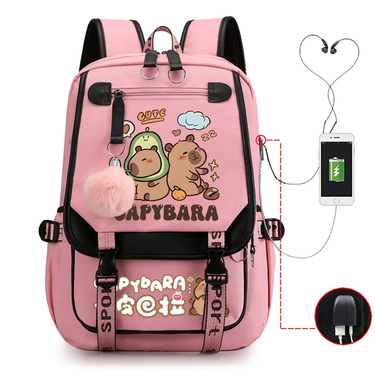 Capybara Backpack For Women Girls Large Capacity USB Charging Bags Children Teeneger School Backpack Cute Capybara Schoolbags