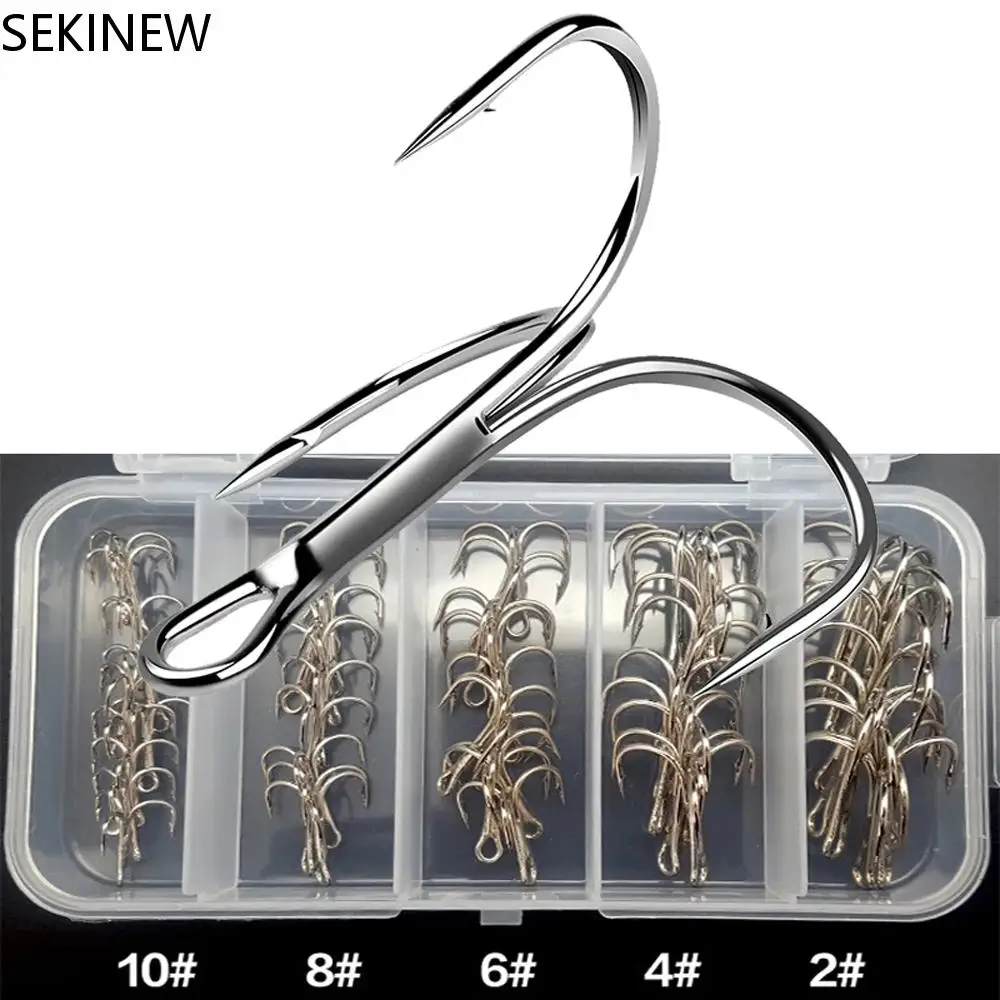 

50pcs/lot Treble Fishing Hook In Storage Box Sharpened Treble Hook Size 2/4/6/8/10 Barbed Fishhook Silver