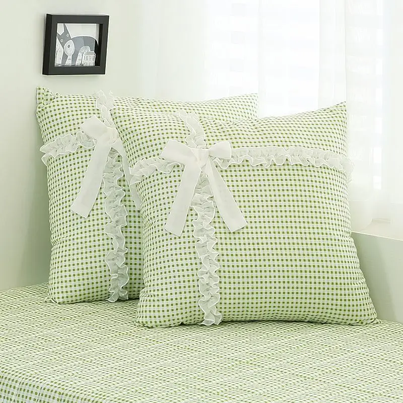 Pastoral style green floral pattern lace throw pillow square/heart gingham back cushion candy backrest