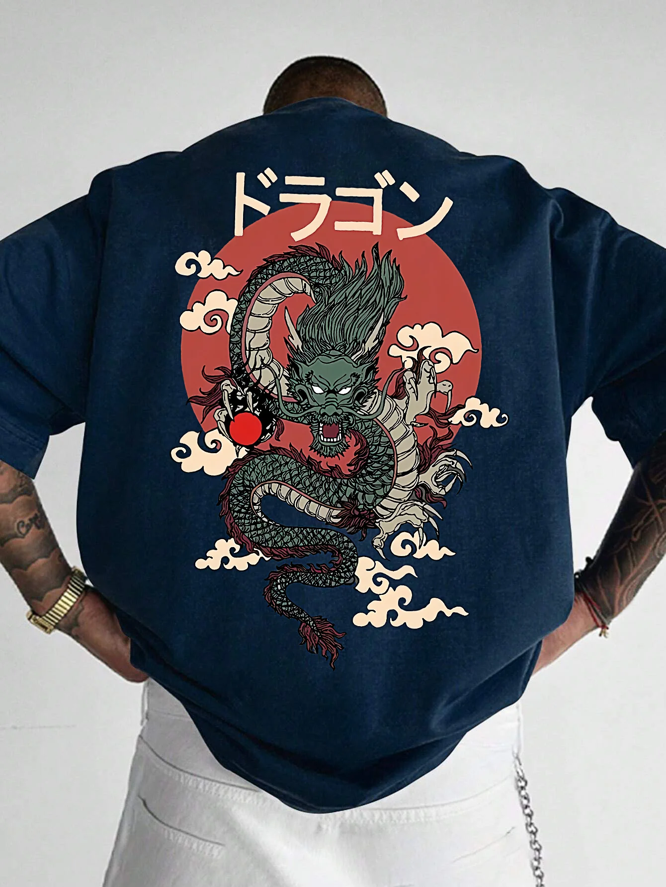 

Men'S 100% Polyester Short-Sleeve T-Shirt, Loose Fit, Japanese Anime Dragon Print, Casual Crew Neck Top, Spring/Summer