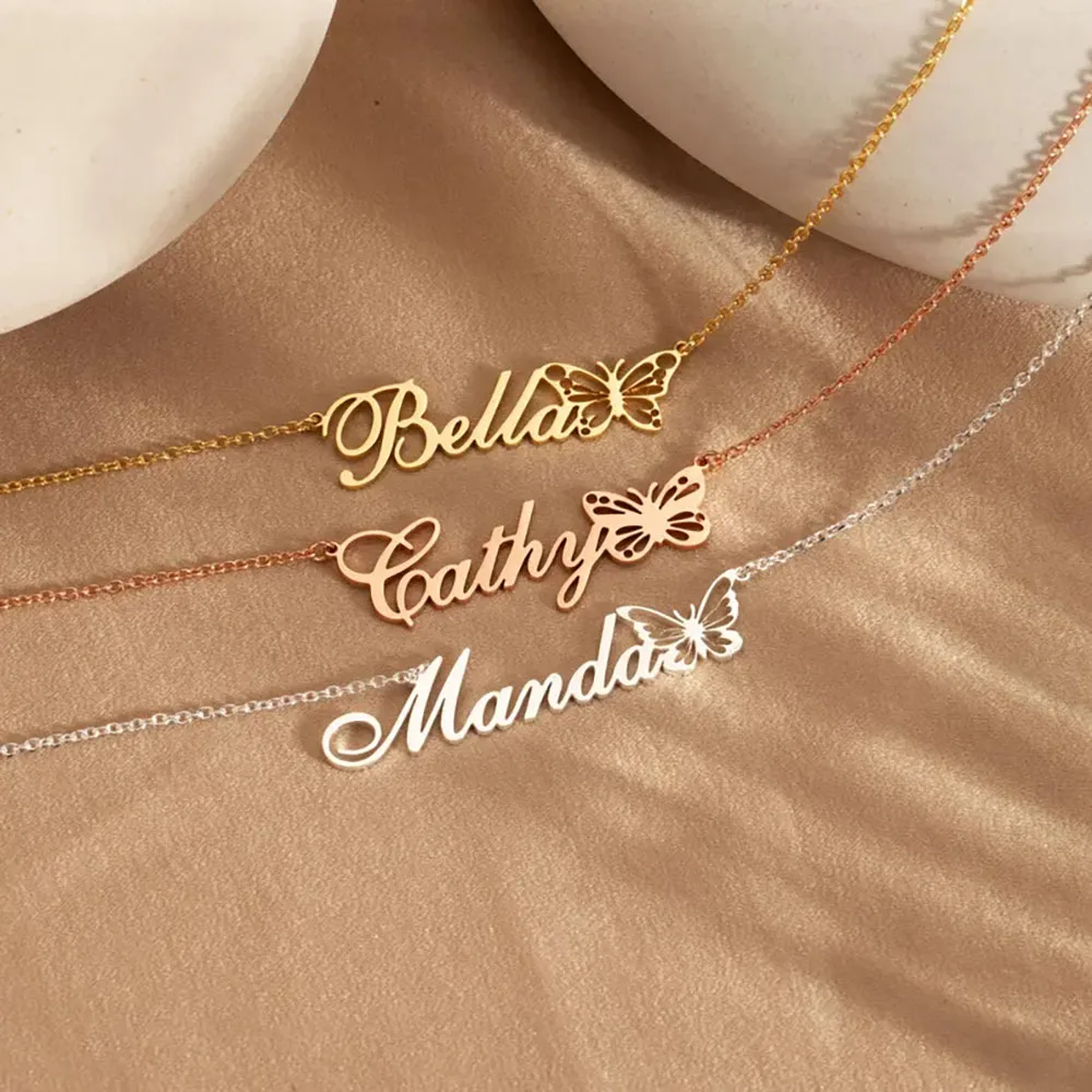 Personalized Butterfly Name Necklace Custom Birth Butterfly Stainless Steel Charm 18K Gold Women's Dainty Jewelry Birthday Gift