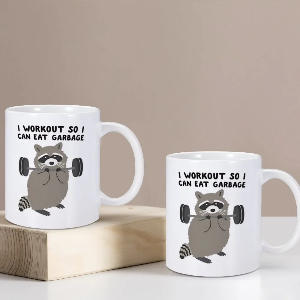 Raccoon Coffee Mug I WORKOUT SO I CAN EAT GARBAGE Funny Novelty 11 Oz Ceramic Tea Milk Mugs for Friend Fitness People Drinkware