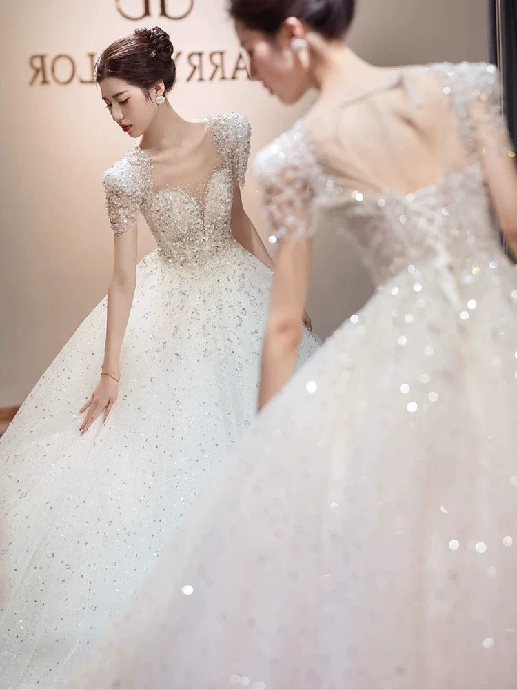 

Customized New Elegant Princess Dress Wedding Round Neck Short Sleeve Sparkling Embroidered Yarn Strap Design Vestido De Novia