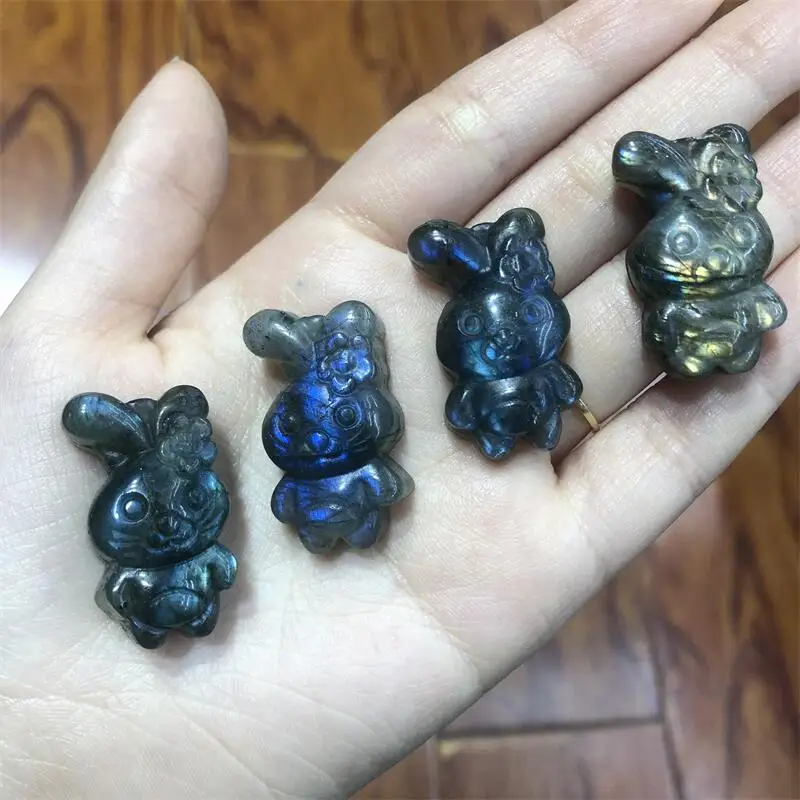 Natural Labradorite Cartoon Rabbit Carving Animal Statue Healing Gemstone Crafts For Children Birthday Gift 1pcs