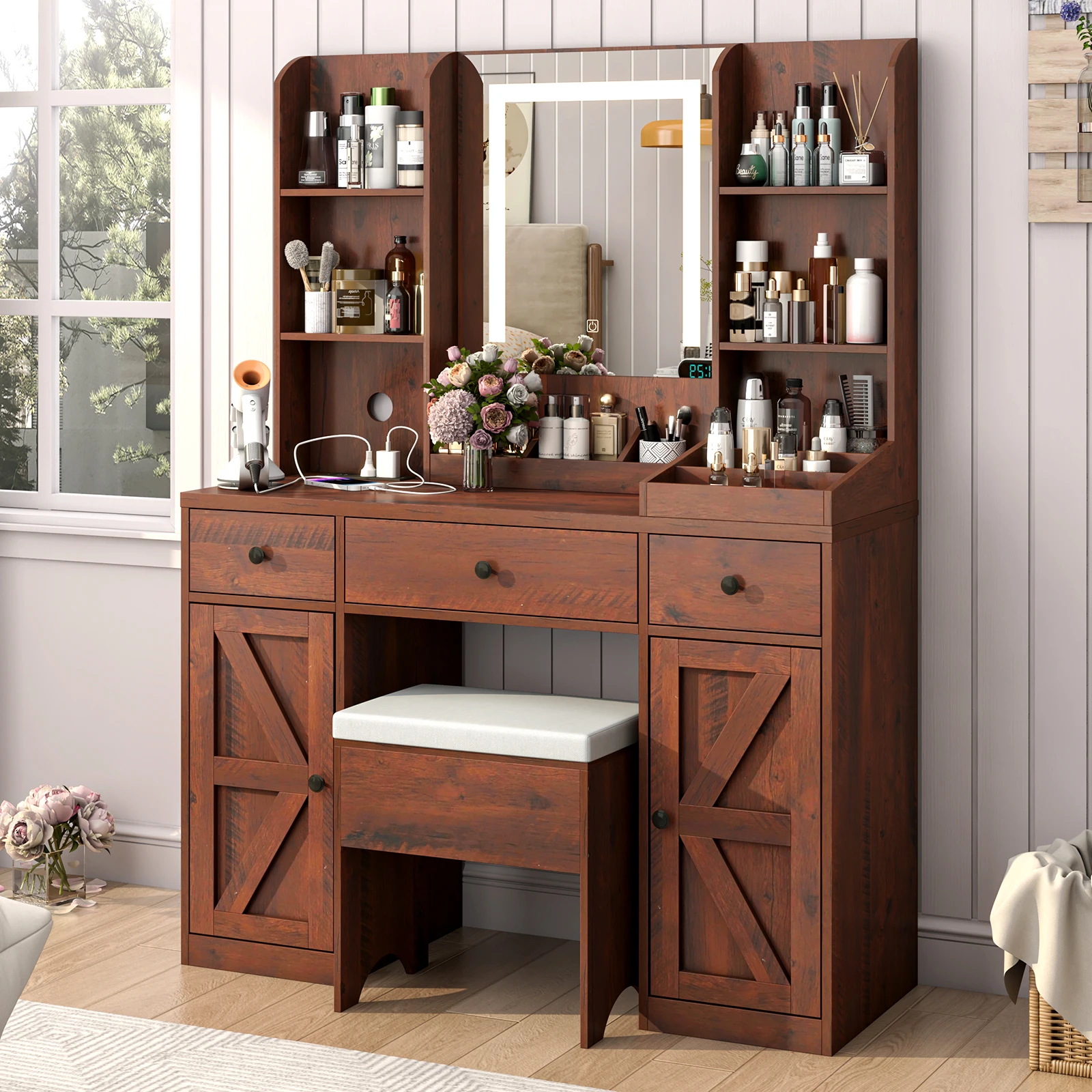 Farmhouse Vanity Desk w/Mirror and Lights, Large Rustic Brown Vanity Set w/Stool, 43