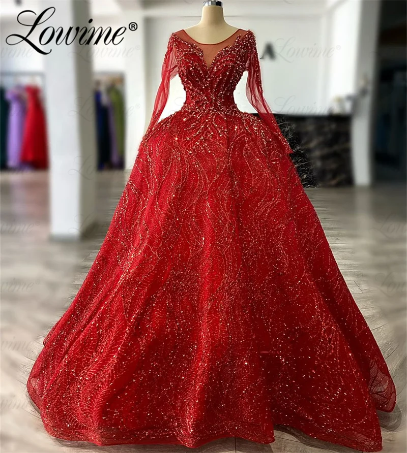 

Gorgeou Red Party Dress For Weddings Customize Pearls Beading Long Sleeve Prom Dresses Arabic Dubai Glitter Evening Gowns 2024