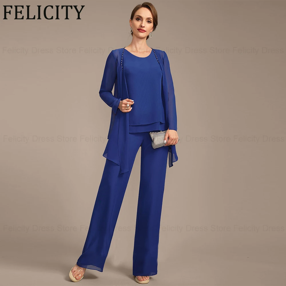 FELICITY-Mãe do vestido da noiva, Pantsuit Chiffon, vestidos de noite, miçangas, elegante, convidado do casamento, 3 pcs, 2024