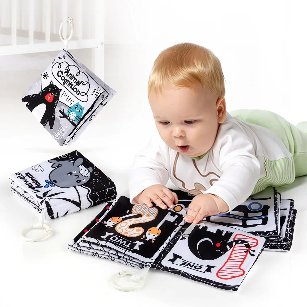 Libro de ropa suave para bebé, libro de estimulación Visual de alto contraste, blanco y negro, libro educativo de aprendizaje temprano para niños pequeños, juguete sensorial