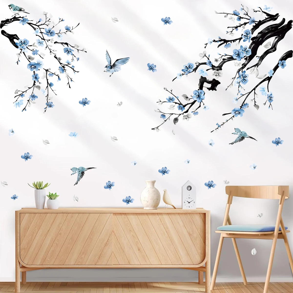 Watercolor Blue and White Porcelain Twig Bird Wall Stickers for Bedroom Living Room Tv Background Home Decoration Wall Decal