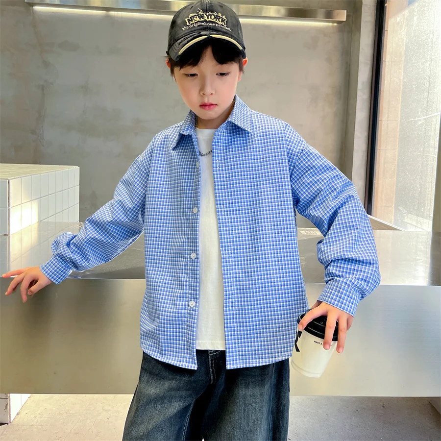 

Korean Style School Boy Long Sleeve Blue Plaid Shirt Kids Child Spring Autumn Fashion Tops School Blouse Age 5 6 7 8 9 10 12 14Y