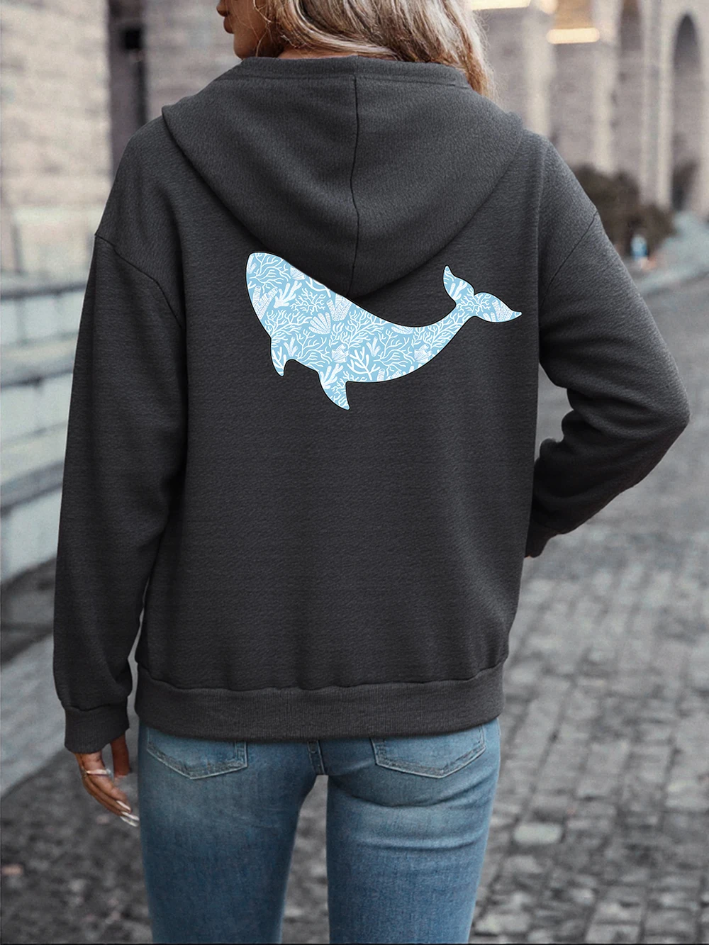 سويت شيرت نسائي بقلنسوة من القطن بتصميم الحوت المستوحى من المحيط مثالي للخريف والشتاء للنزهات اليومية وعشاق الطبيعة #4