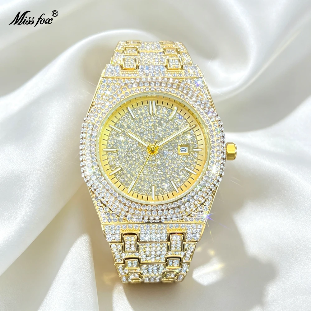 MISSFOX Men Luxury Full Iced Out Diamond Watch Gold Quartz Wristwatch Bling Rhinestone Paved Dial Calendar Clock Hip Hop Fashion Dress Timepiece Shiny  Wrist Watch Jewelry Gift for Club Party Wedding Anniversary Birthday