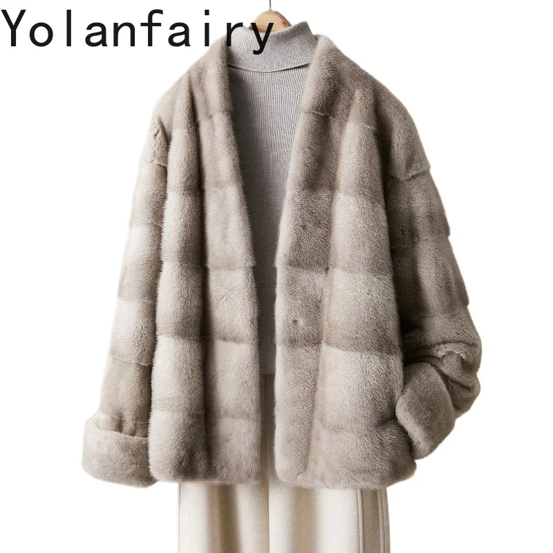 

YOLANFAIRY Элегантные шубы из натурального меха норки для женщин, зимнее пальто с V-образным вырезом, роскошная меховая куртка из натуральной норки, Fourrures Femmes