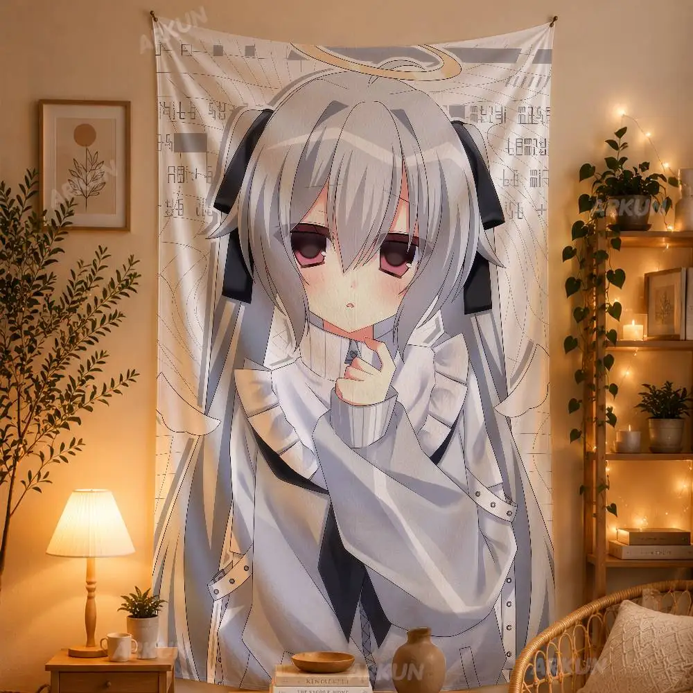 Anime Angel Girl Tapestry Silver Twin‑tails Halo Wing Aesthetic Grey Tone Lolita Character Bedroom Dorm Home Background Decor