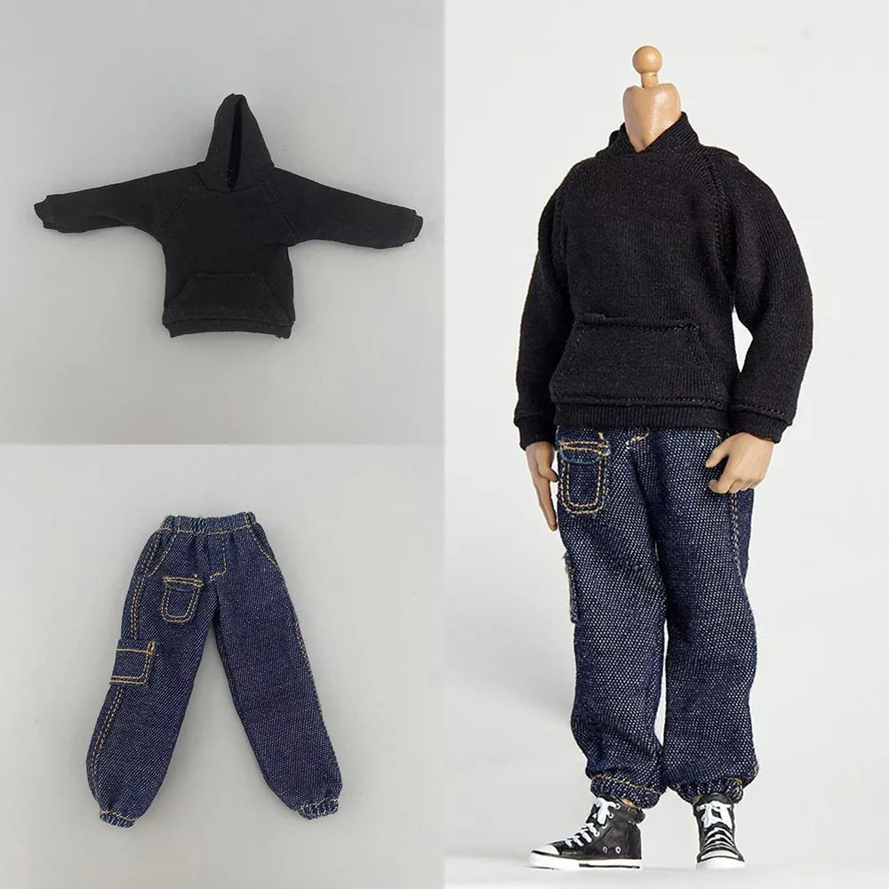 1/12 Scale Male Soldier Pullover Hooded Sweatshirt Jeans Set Casual Sportwear Hoodies Jogger Denim Pants for 6“ Action Figure