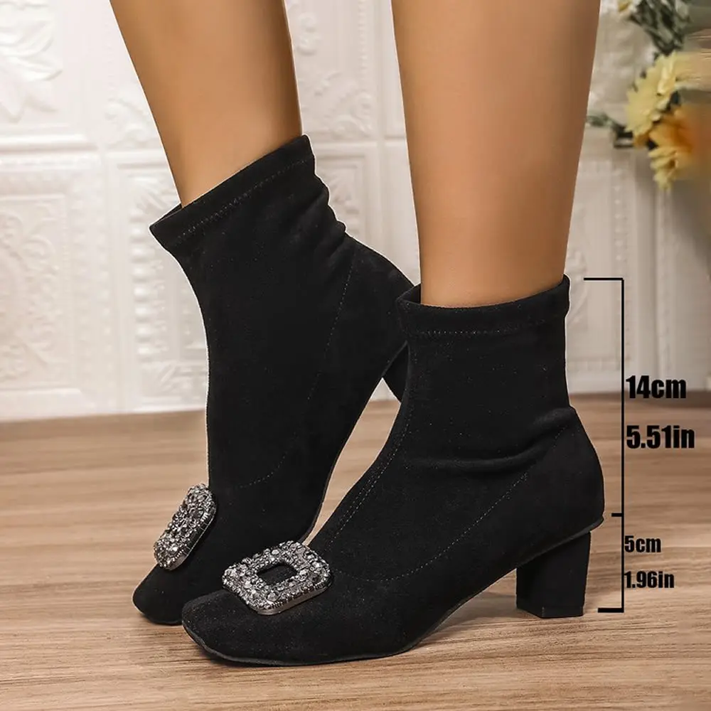 Women Crystal Luxury Ankle Boots Suede Chunky Square Toe Shoes 2025 Trend Winter New Elegant Party Pumps Hot Sale Female Botas