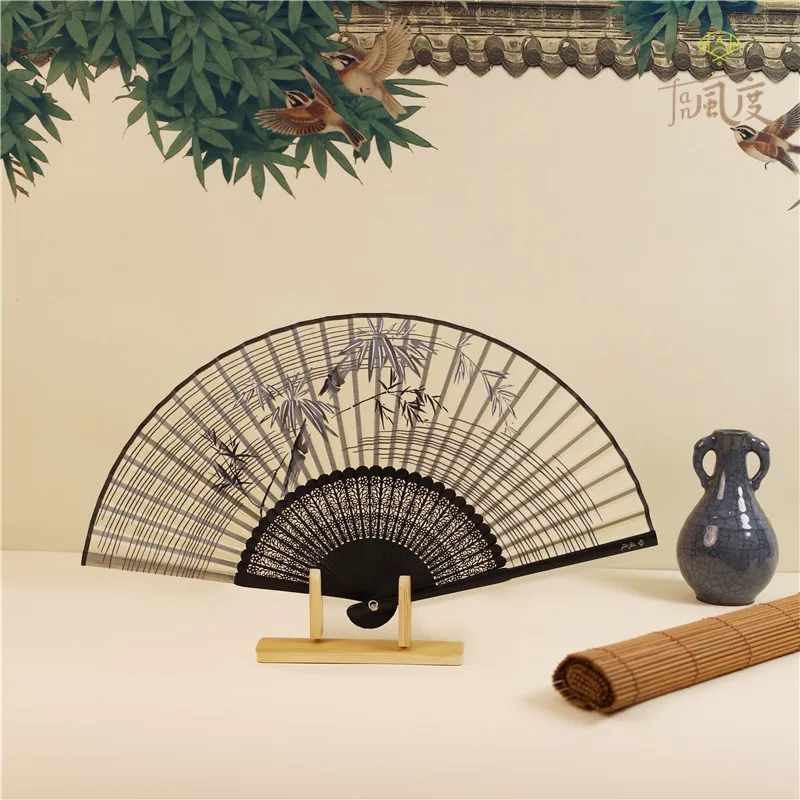 Wedding Folding Fan Original Bamboo Leaf Fan Hanfu Cheongsam Handmade Fan Portable Men's and Women's Outdoor Selfie Manual Fan