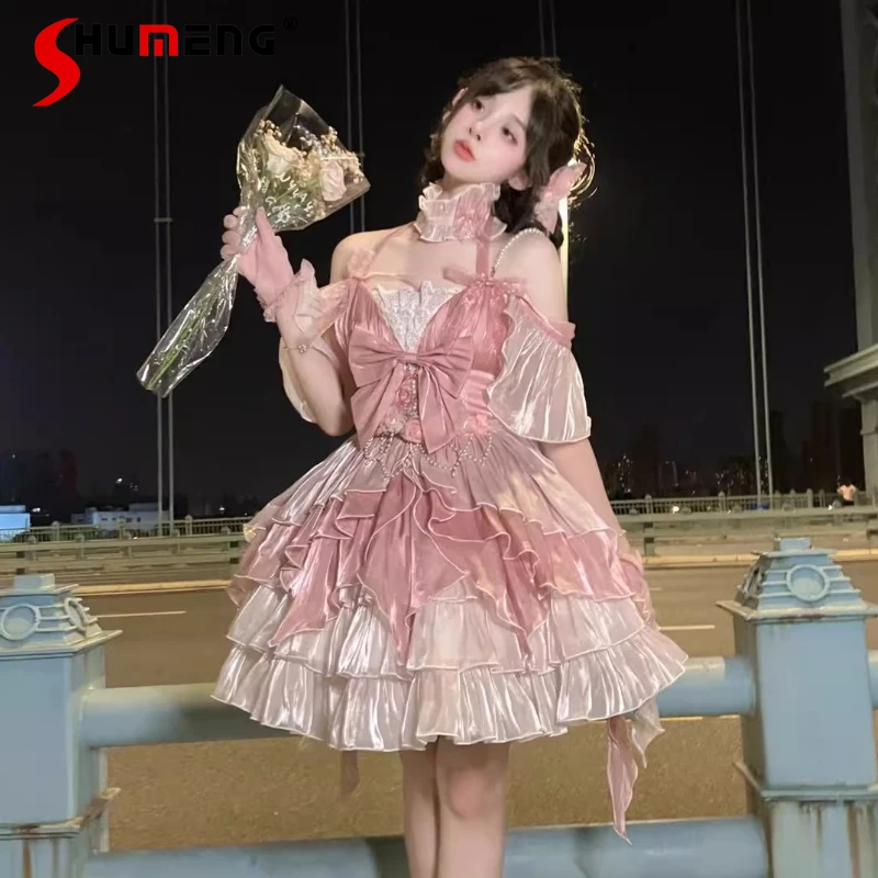 

Pink Sweet Wedding Dress Girls Women's Slim Fit Elegant Princess Sling Dress JSK Female Lolita Fairy Dress Vestidos De Mujer