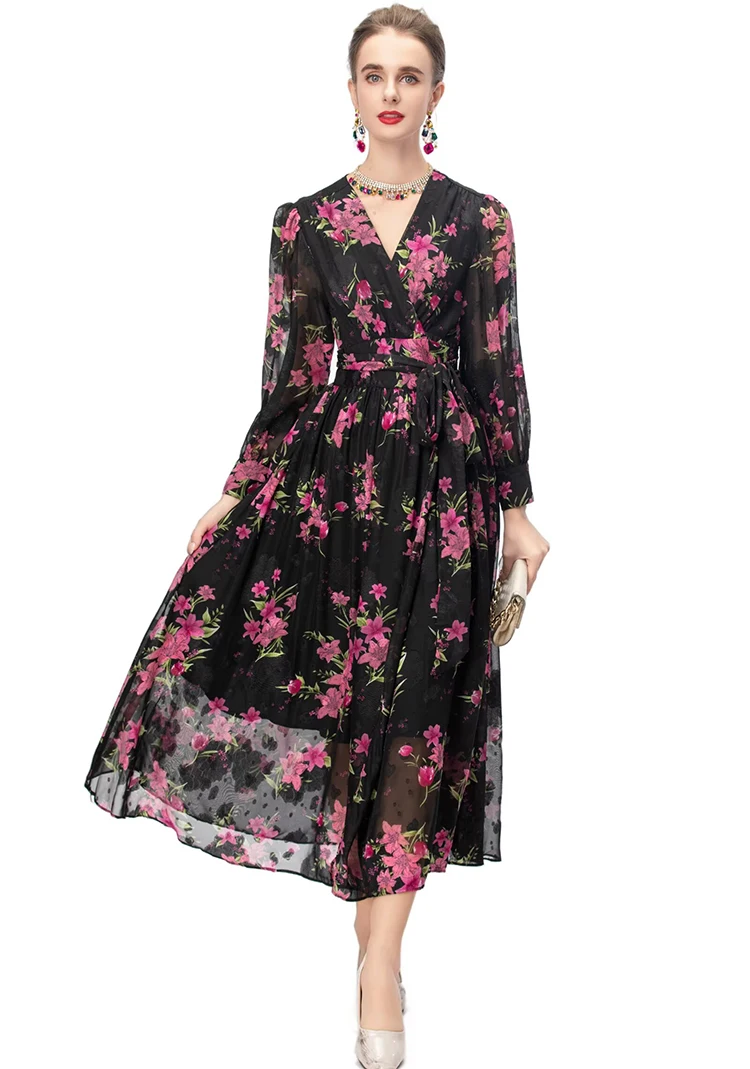 DLDENGHAN ชุดเดรสคอวีผ้าแจ็คการ์ดสำหรับผู้หญิงแขนทรงโคมพิมพ์ลายวินเทจแฟชั่นฤดูใบไม้ร่วงสำหรับผู้หญิง